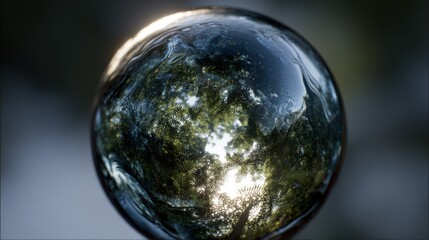 Poster - Polished obsidian sphere reflecting distorted forest canopy. Extreme close-up with liquid mercury texture illusion