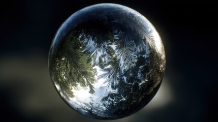 Poster - Polished obsidian sphere reflecting distorted forest canopy. Extreme close-up with liquid mercury texture illusion