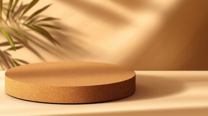 Poster - Minimalist cork display platform with soft lighting and plant shadows in a serene setting