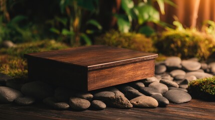 Poster - Wooden box placed on smooth stones surrounded by lush greenery and soft lighting