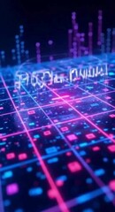Poster - Futuristic Digital Grid with Glowing Text Neon Colors and Abstract Cityscape Background