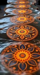 Poster - Burning flame over a row of intricately designed circular platforms on a dark surface in a mystical ambiance