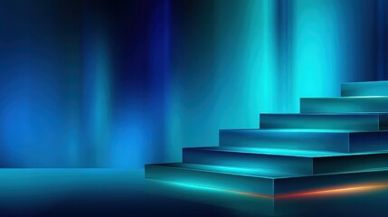 Poster - Abstract illuminated staircase with vibrant blue and green hues, creating a serene atmosphere