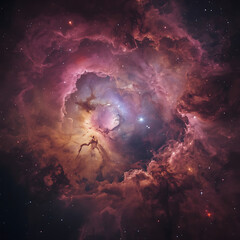 Wall Mural - The image depicts a vibrant nebula with pink purple gold and yellow hues.