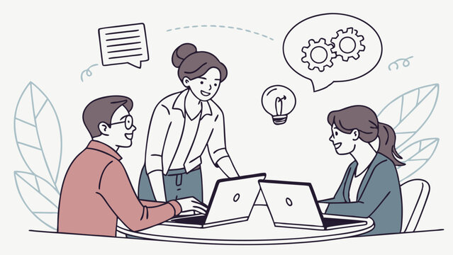 Productive Business Team Collaboration Meeting with Laptops, Brainstorming Ideas, and Strategy Development - Modern Hand-Drawn Illustration