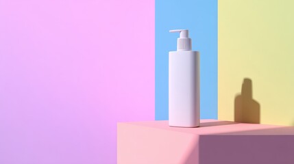 Poster - Minimalistic white pump bottle on pastel geometric background with soft shadows