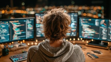 person coding at night