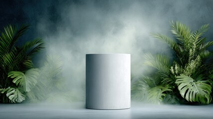 Poster - Minimalist display pedestal surrounded by lush greenery and mist, ideal for product showcasing