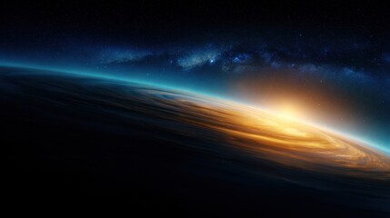 Wall Mural - Stunning view of a planet's horizon at sunrise, showcasing cosmic beauty and galaxy backdrop