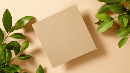 Poster - A flat, empty, brown square box surrounded by lush green leaves on a soft beige background