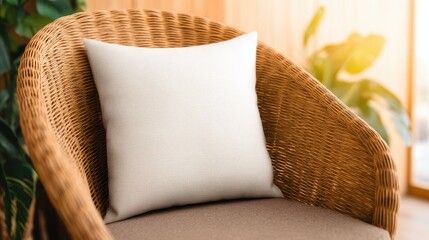Poster - Cozy wicker chair with a white pillow in a bright, inviting indoor setting surrounded by greenery