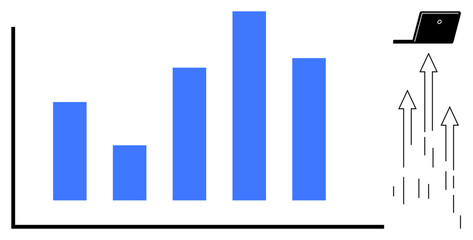 Poster - Blue bar chart indicating trends, rising arrows representing growth, black laptop suggesting tech focus. Ideal for analytics, growth, success, business, technology development strategy. A simple