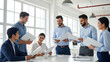 © True Stock - Team members holding blank folders in office for branding or presentation mockup use