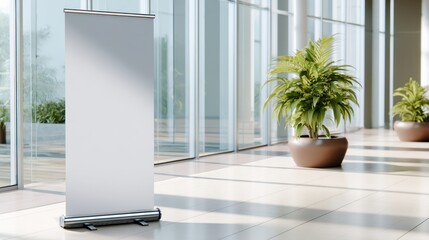 Poster - Empty indoor space featuring a blank roll-up banner beside large potted plants