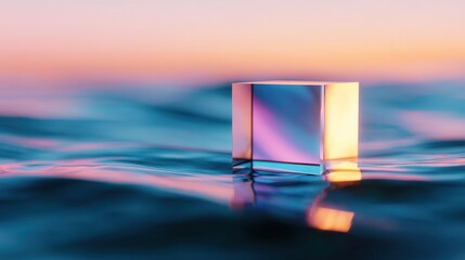 Poster - A translucent cube floating on calm water during sunset, reflecting vibrant colors