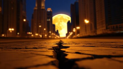 Wall Mural - a surreal view of a giant moon rising over a cracked street in a city at night