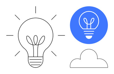 Poster - Light bulb with rays symbolizing idea generation, placed alongside cloud and blue circle variations. Ideal for creativity, innovation, technology, brainstorming, cloud computing, education, simple
