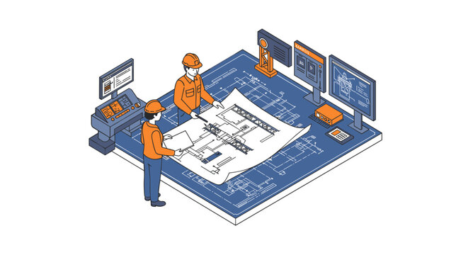 Isometric construction planning vector illustration for architectural design