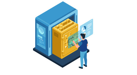 Poster - Isometric blockchain technology concept vector illustration for digital finance design