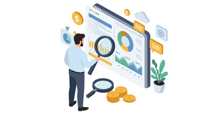 Poster - Business data analysis vector illustration: isometric style for digital marketing and finance design