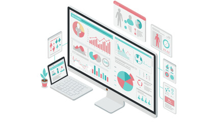 Fototapete - Data analysis dashboard vector illustration: isometric design for web and print