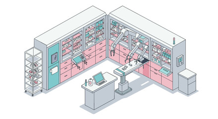 Poster - Isometric vector illustration of a modern lab with robotic arms and equipment for technology concept, perfect for print design