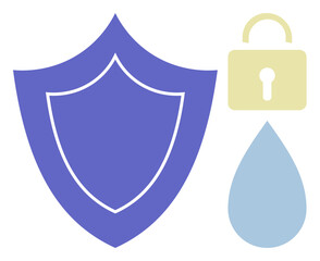 Poster - Bold shield, padlock, water droplet symbolizing protection, data security, and risk management. Ideal for cybersecurity, privacy, reliability insurance technology safety and hazard control. Simple