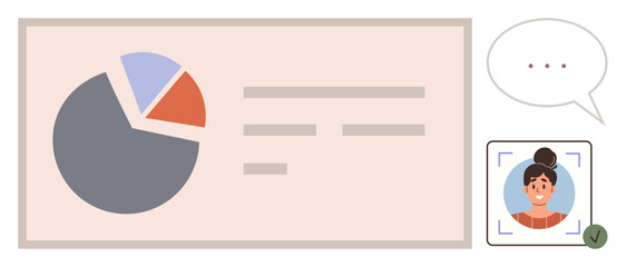 Poster - Pie chart with data sections, text lines for analysis, profile photo with verification checkmark, speech bubble for communication. Ideal for analytics, reports, teamwork, identity, communication