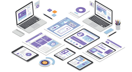 Fototapete - Isometric digital workspace vector illustration for design and technology concepts