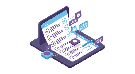 Poster - Isometric vector illustration of digital communication and email management on tablet for graphic design