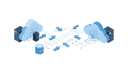 Poster - Cloud computing network diagram vector illustration for data storage and technology design in isometric style