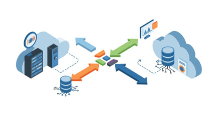 Poster - Cloud computing connection vector illustration: data integration and technology in isometric style for digital design