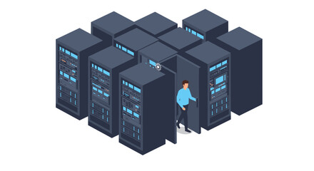 Poster - Isometric data center network concept vector illustration for tech design poster