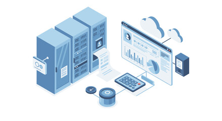 Poster - Data center management isometric vector illustration for tech design