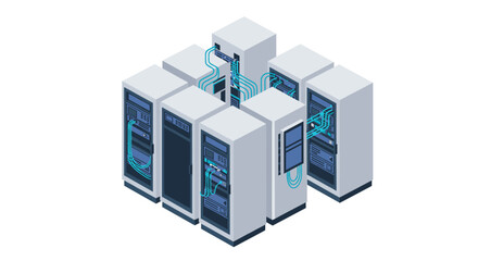 Poster - Isometric data center network vector illustration for technology design