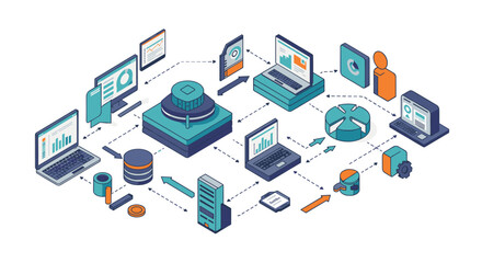 Poster - Isometric business process automation vector illustration for digital workflow design