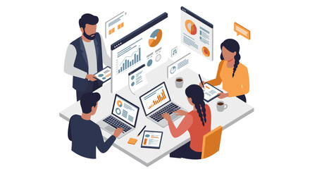 Poster - Business meeting collaboration vector illustration in isometric style for office design