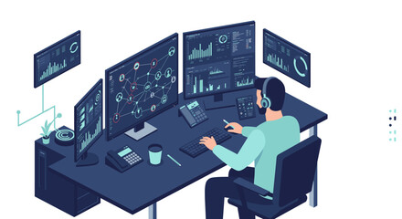 Poster - Modern workplace technology vector illustration for office design, digital monitoring concepts, flat style