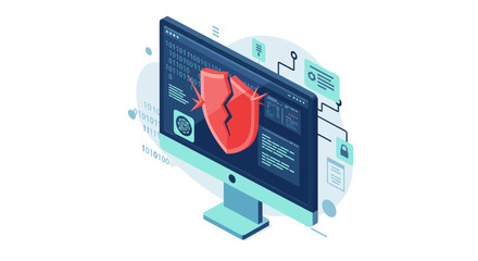 Poster - Cybersecurity threat vector illustration - broken shield on computer screen for security design