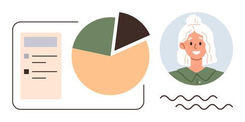 Poster - Pie chart with various data segments, checklist, smiling user avatar, wavy lines for modern design. Ideal for statistics, analytics, user interface, teamwork, feedback collaboration simple flat