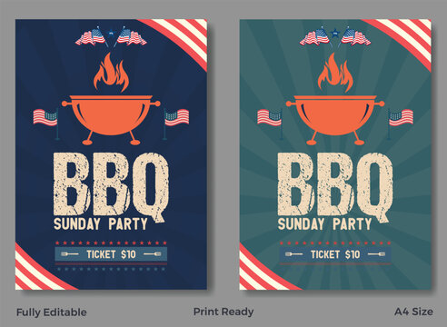 Vintage barbecue event poster set with bold typography, grilled meat illustrations, and retro color palette.