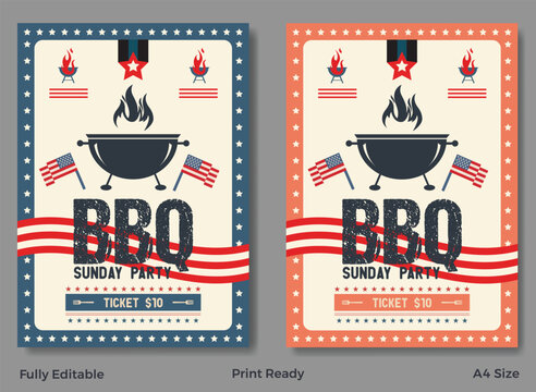 Vintage barbecue event poster set with bold typography, grilled meat illustrations, and retro color palette.
