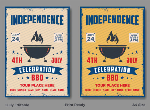 Vintage barbecue event poster set with bold typography, grilled meat illustrations, and retro color palette.
