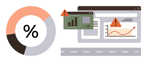 Poster - Pie chart and warning signs highlighting analytics issues, performance errors in dashboards and growth charts. Ideal for risk management, data, alerts, analytics, finance, monitoring forecast. A