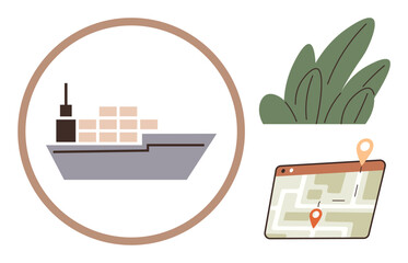 Poster - Cargo ship carrying containers, navigation map with location pins, and abstract foliage. Ideal for shipping, logistics, trade, transportation, supply chain, navigation ecological transport concepts