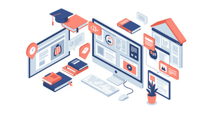 Poster - isometric vector illustration of online education concept for digital learning design