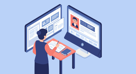 Poster - Remote work environment vector illustration for office productivity and home workspace design in flat style