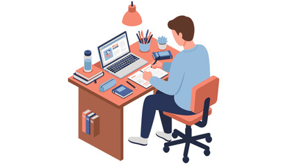 Poster - Home office setup vector illustration, modern workspace design for digital productivity, isometric style art