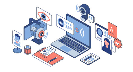 Poster - Online meeting concept vector illustration for digital communication and telecommuting designs in isometric style