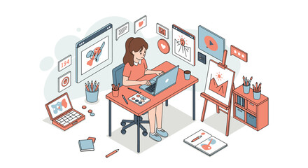 Poster - Creative workspace vector illustration - graphic designer at work in isometric style for print design